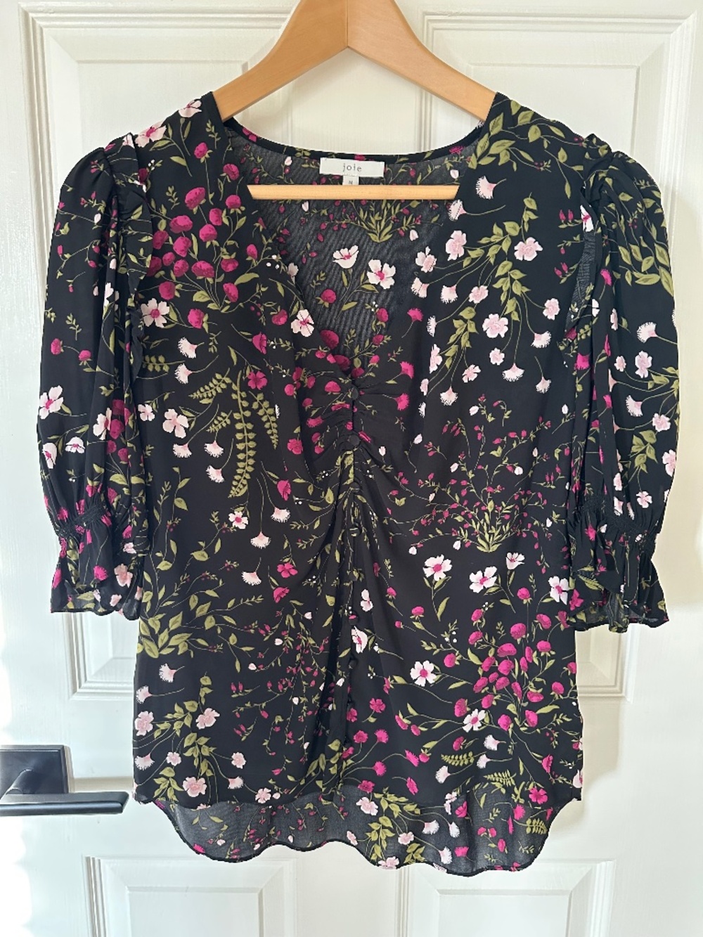 Joie V-Neck, Puff Sleeve, Floral Black Blouse, Size M